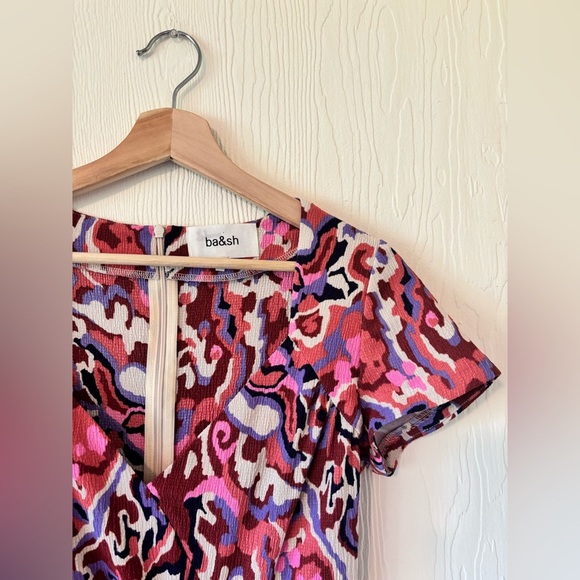 ba&sh Pleated Midi Multicolour Printed Textured Crepe Crinkle Short Sleeve Dress - Picture 4 of 17